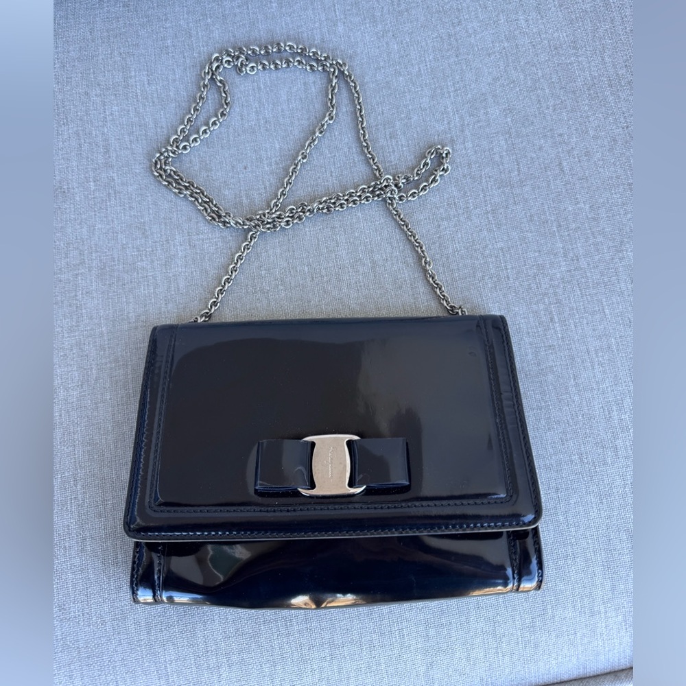 Salvatore Ferragamo Black Patent Leather Crossbody on Chain